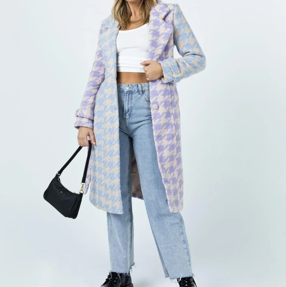Princess Polly Rachel Pastel Houndstooth Button Front Belted Wool Blend Coat 12